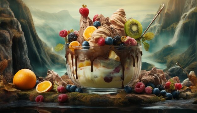  an ice cream sundae with fruit and chocolate drizzled on top of it, surrounded by a mountain backdrop.