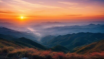  the sun is setting over the mountains in the foggy valley of a valley with trees in the foreground.