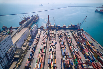 Cargo logistics terminal in international sea port. Aerial view of gantry cranes, cargo ships and...