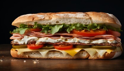  a sandwich with meat, cheese, tomatoes, lettuce, and other toppings on a wooden surface.