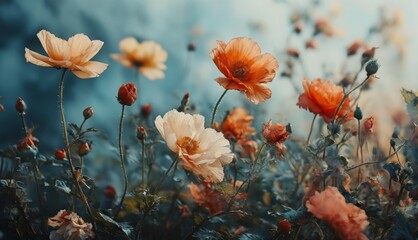  a bunch of orange and white flowers on a blue and gray background with a blue sky in the back ground.