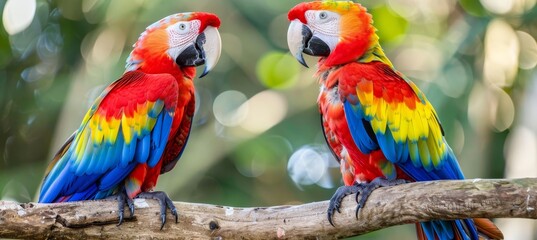 Scarlet macaws facing on branch with blurred background, copy space for text, wildlife scene.