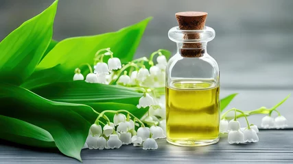 Stof per meter Lily of the valley essential oil. Convallaria majalis extract, tincture remedy with fresh flowers. Health care, aromatherapy, ecological ingredients concept with copy space.  © svf74