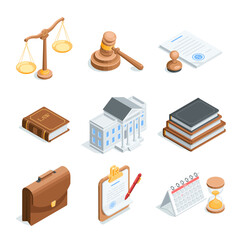 isometric vector set on the theme of court and law, in color on a white background, scales and a judge's gavel with books and documents as well as the courthouse
