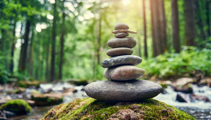 Pyramid of several flat river Zen stones. Balance and inner equilibrium. Meditative lifestyle. Natural backdrop.