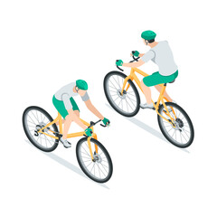 isometric cyclist in helmet and gloves, in color on a white background, riding a bicycle in or outside the city and cycling