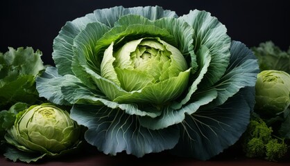  a close up of a head of broccoli on a table with other heads of broccoli in the background. - obrazy, fototapety, plakaty