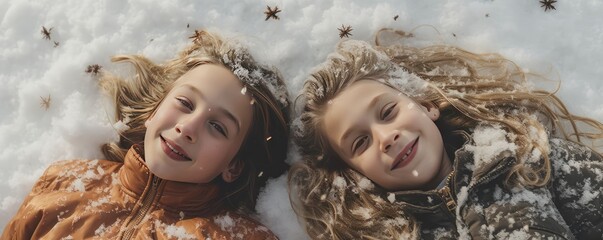 Kids smilling and laying in the snow top view - Powered by Adobe