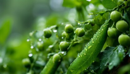  a close up of a bunch of green berries on a tree branch with water droplets on the leaves and drops of dew on the leaves. - obrazy, fototapety, plakaty
