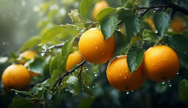  a bunch of oranges hanging from a tree with water droplets on them and green leaves on the branches with drops of water on them.