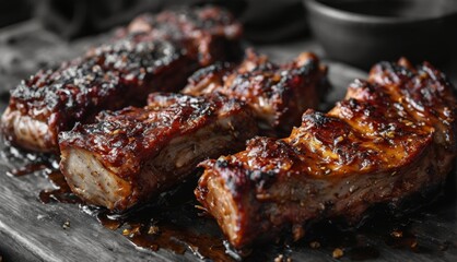  a wooden cutting board topped with ribs covered in bbq sauce and seasoning next to a bowl of sauce.