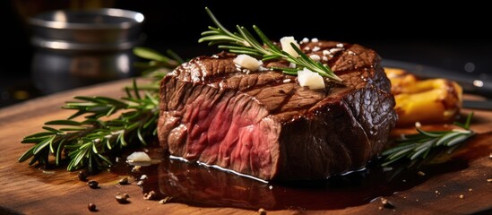 A hefty portion of beef sits atop a sturdy wooden cutting board, ready to be cooked into a...