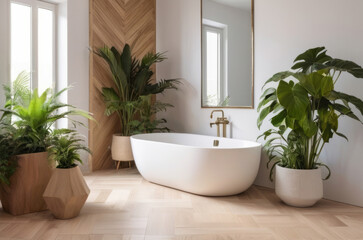 Home garden, bathroom in white and wooden tones. Close-up, parquet floor and many houseplants. Urban jungle interior design. Biophilia concept. - obrazy, fototapety, plakaty