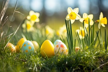 Easter eggs on meadow with daffodil flower - generative ai
