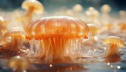  a group of jellyfish floating on top of a body of water next to a bunch of other jellyfish.