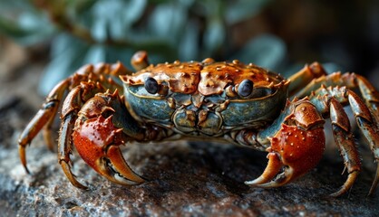  a close up of a crab on a rock with a plant in the background on a sunny day in the ocean.
