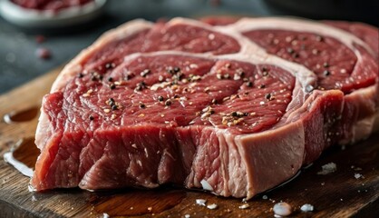  a close up of a piece of meat on a cutting board with pepper sprinkled on top of it.