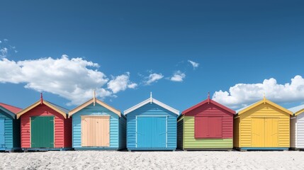 Fototapeta na wymiar A row of vibrant beach huts lined up on a sandy beach.