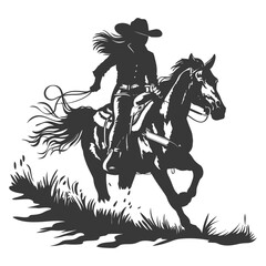 Silhouette cowgirl riding horses alone black color only