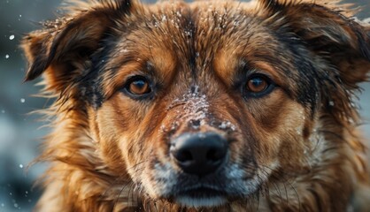  a close up of a dog's face with snow all over it's fur and a blurry background.