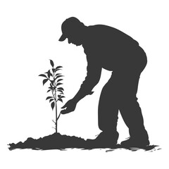 Silhouette elderly man planting tree in the ground black color only
