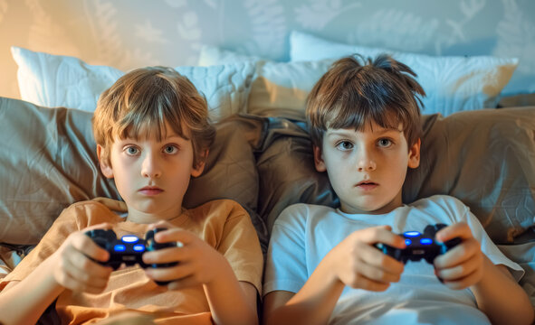 Two boys engrossed in video game play at home