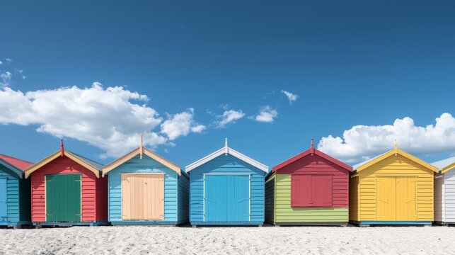 A row of vibrant beach huts lined up on a sandy beach.