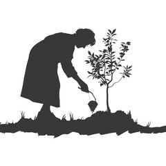 Silhouette elderly woman planting tree in the ground black color only