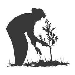 Silhouette elderly woman planting tree in the ground black color only