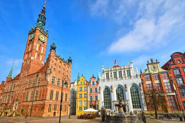 Main City Hall and Neptune fountain at Dlugi Targ Square in the old city center of Gdansk, Poland - 761749214