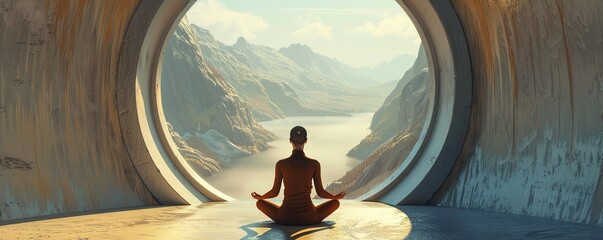 Person meditating looking out circular window - obrazy, fototapety, plakaty