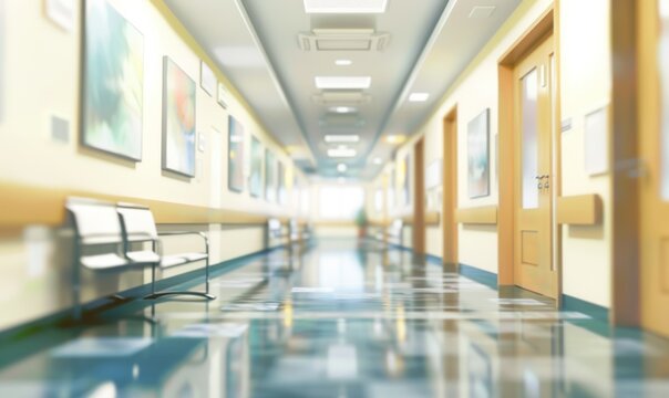 A Bright and Clean Medical Facility Hallway. Corridor in Hospital or Clinic Blur Image Background