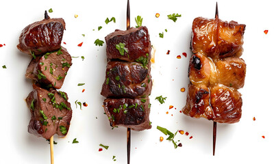 array of grilled meat skewers, souvlaki chicken, and pork, kebab doner, isolated on a white...