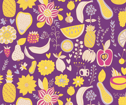Boho chic Print Pattern with Fruits Leaves Floral Vector