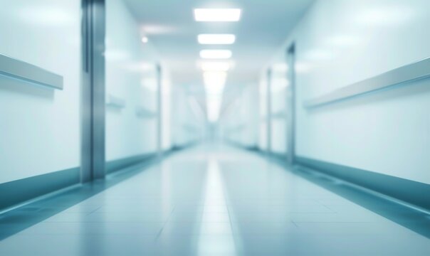 A Bright and Clean Medical Facility Hallway. Corridor in Hospital or Clinic Blur Image Background