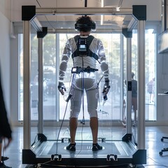 A user interacts with a minimalist sports simulator, where robotic movements are fine-tuned for peak athletic performance - obrazy, fototapety, plakaty
