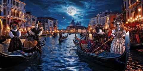 A grand Venetian carnival scene, elaborate masks and costumes, gondolas on the canal under moonlight. Resplendent.