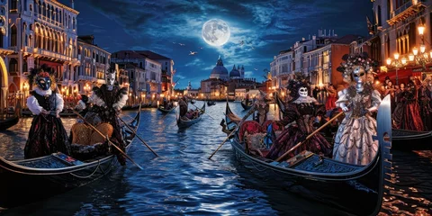 Poster A grand Venetian carnival scene, elaborate masks and costumes, gondolas on the canal under moonlight. Resplendent. © Summit Art Creations