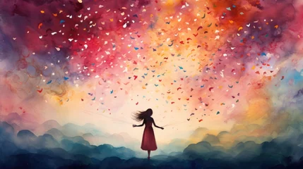  Multicolor watercolor background with beautiful girl in the center © tydeline