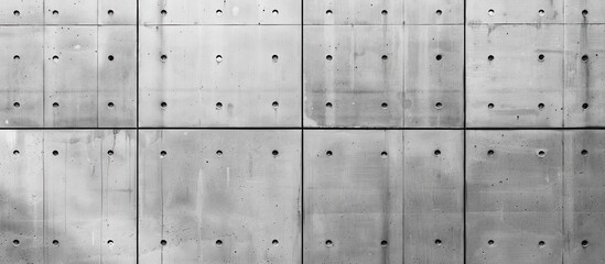 A close up shot of a rectangular concrete wall with symmetrical holes in a monochrome photography style, creating an interesting pattern resembling art
