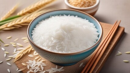 Fototapeta na wymiar Bowl with raw rice and chopsticks on table, closeup