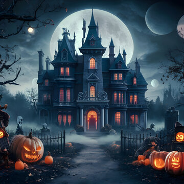 Enchanting Halloween Scenes with Haunted Mansions, Moonlit Graves, and Mystical Creatures, Spooky landscape