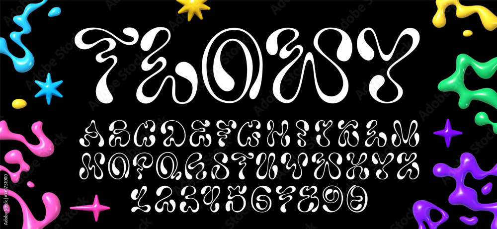 Poster fluid y2k font, modern typeface alphabet with numbers. calligraphic flow letters, abstract fluid dyn