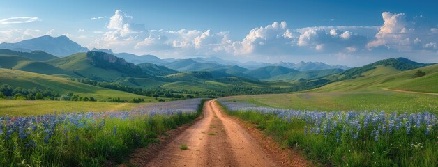 field road, blue and purple flowers in a clearing along the road, mountains on the horizon and blue sky
