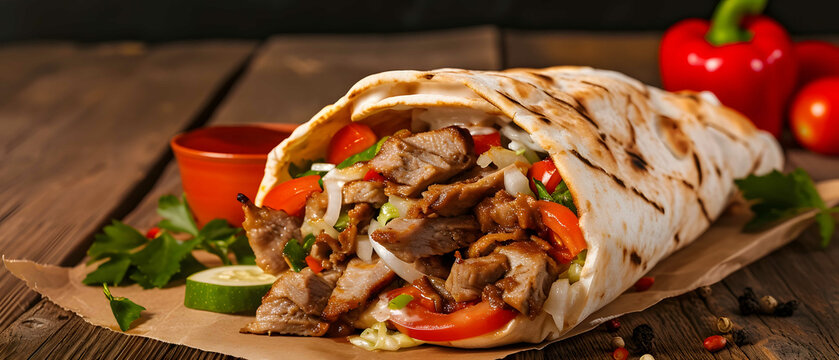 Tasty street snack with veal and vegetables in a doner kebab pocket.