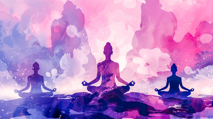 Serene meditation silhouettes with watercolor background