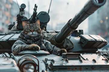 A cat perched on top of a military tank, looking around curiously.