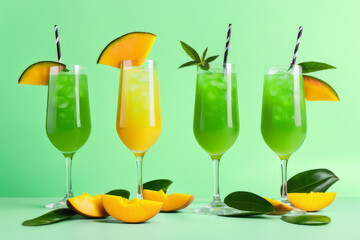 Refreshing mangonada cocktail with fresh mango slices beautifully displayed on a vibrant green backdrop.