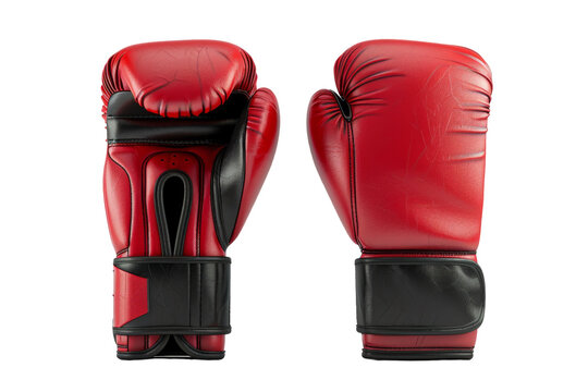 A pair of red and black boxing gloves overlapping against a dark background