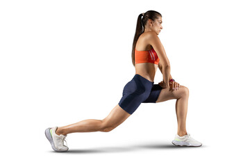 Beautiful woman at the gym doing fitness exercises. Sports isolated background.	